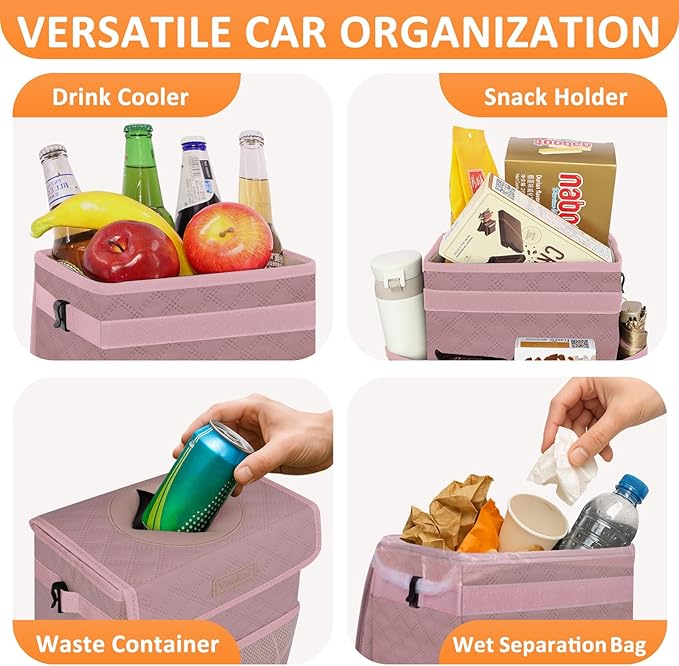 Vankor Car Trash Can Cute Trash Bag Bin Hanging Waterproof Automotive Garbage Cans Leak Proof Vehicle Trash Can Diamond Pattern-Pink