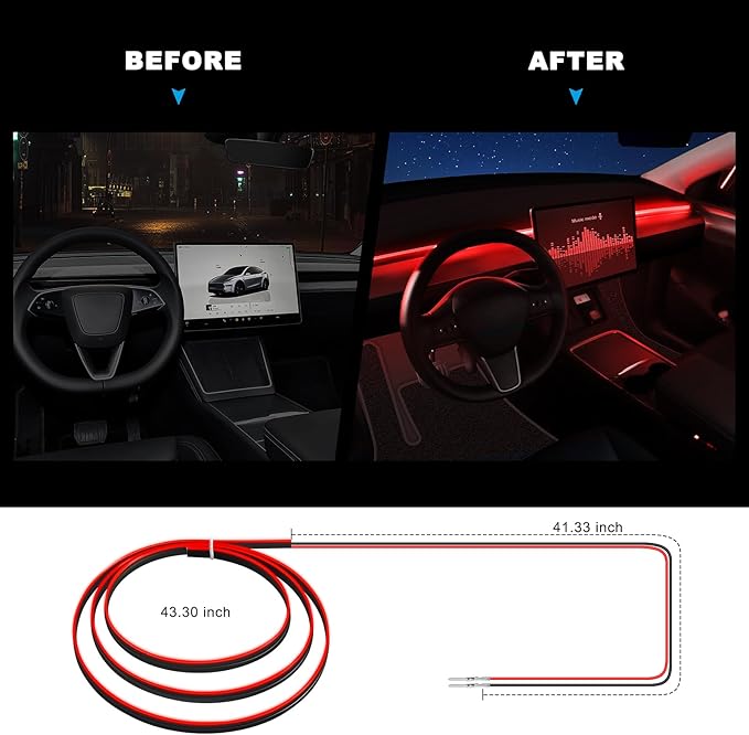 Acrylic Interior Car LED Strip Light with 6mm Sewing Edge - 43.3 inches Ambient Lighting Kits, Neon LED Strip Light(110CM/43.3IN, Red)