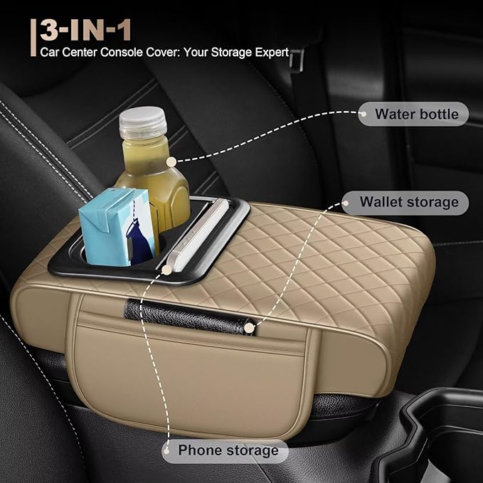 Center Console Cover Fit for Venza Faux Leather Car Armrest Cushion with Storage Bags, Cup Holder ＆ Phone Storage Multifunctional Middle Console Cover(Beige)