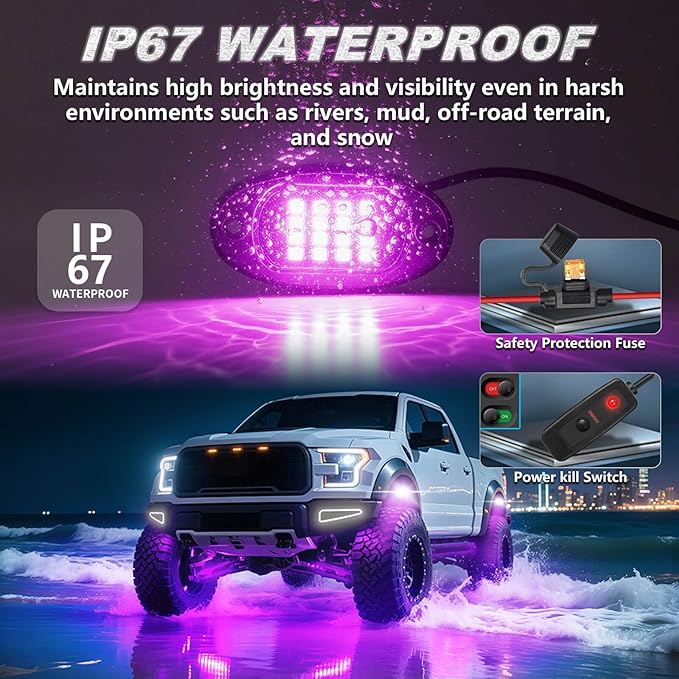 8Pods RGB LED Rock Lights for Jeep Trucks Golf Cart ATV UTV RZR SUV Offroad, Multicolor Underglow Light Kit with APP/RF Remote Dual Zone Neon Vehicle Accent Underbody Light 12V Waterproof