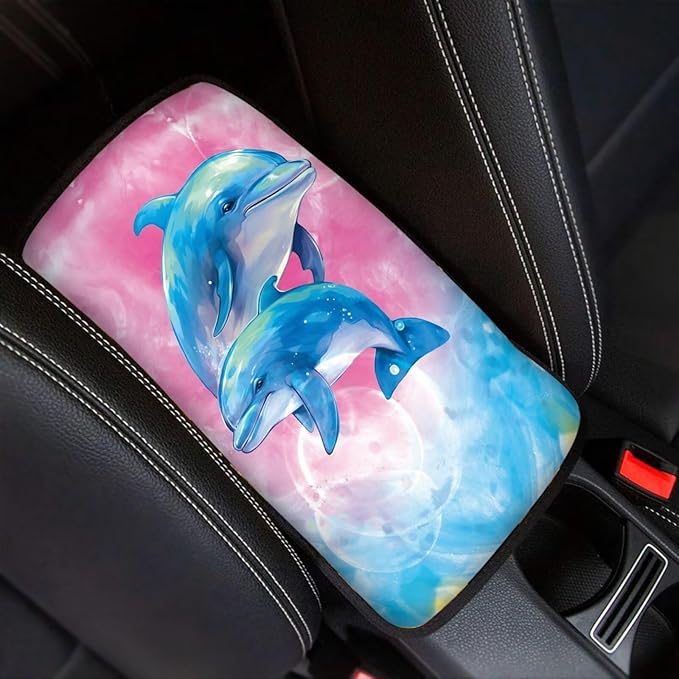 JoyLamoria Blue Dolphin Car Armrest Cushion Cover Center Console Box Pad Car Accessories for Most Vehicles