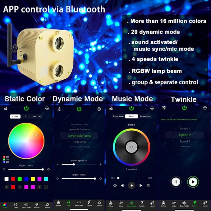 AZIMOM Dual Port 20W Twinkle Fiber Optic Starlight Box Sound Activated RGBW Fiber Optic Light Source APP/Remote Control Dual Head Light Engine Driver for Car Home Ceiling Star Lighting Decor