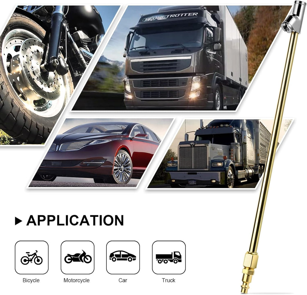 2-Way Connection 13.8" Extended Air Chuck Set, 1/4 in FNPT Straight Foot Dual Head Tire Inflate Chuck with Standard Brass Quick Plug, Tire Air Compressor Fill Kit for Truck RV Dually Tires