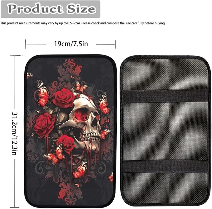 Dreaweet Rose Skull Arm Rest Cover for Car Women Gothic Car Accessories Universal Comfort Center Console Cover Soft Anti-Scratch Vehicle Center Console Armrest Cover Pad