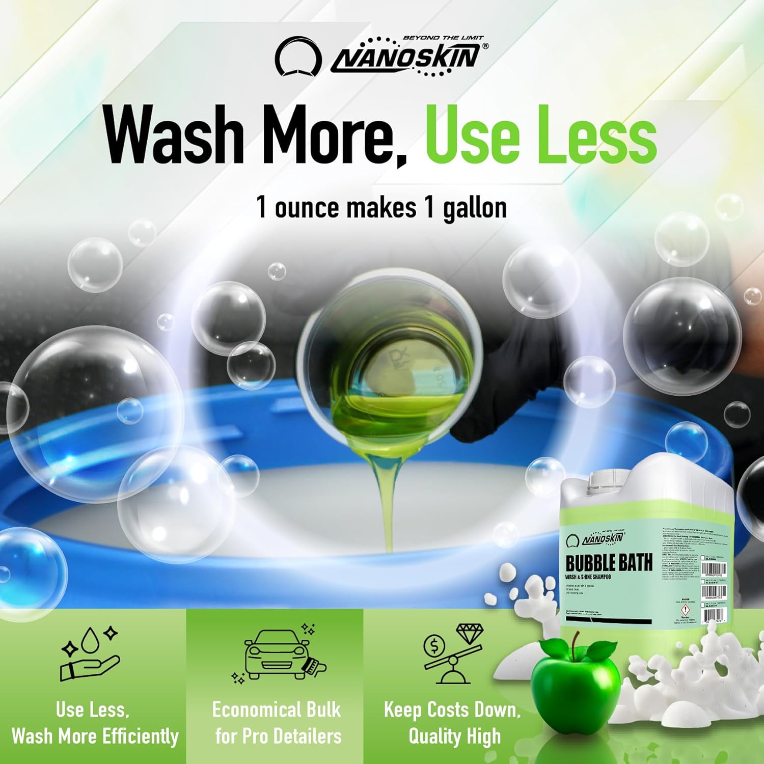 Nanoskin BUBBLE BATH Foaming Car Wash Shampoo 5 Gallons - Works with Foam Cannon, Foam Gun, Bucket Washes, Car Soap for Pressure Washer | For Car, Truck, Motorcycle, RV & More | Green Apple Scented