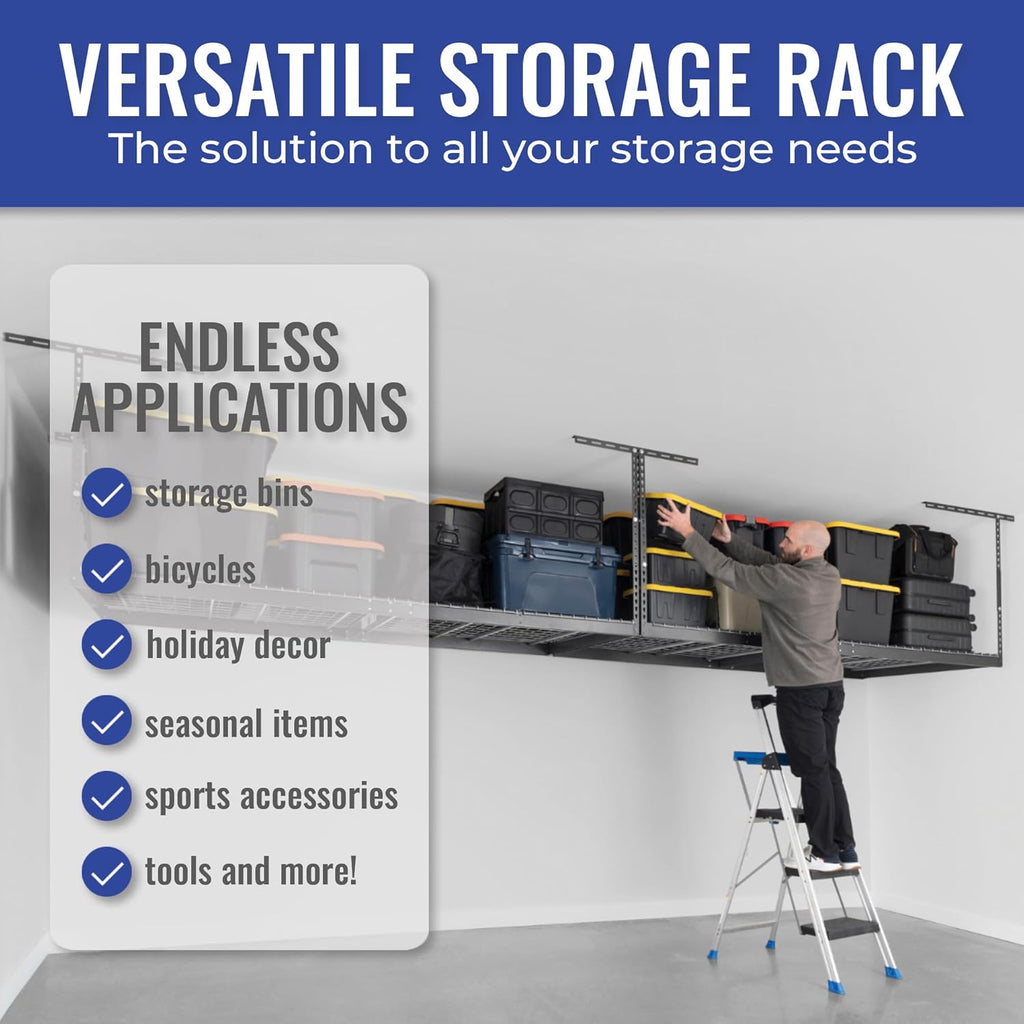 SafeRacks Overhead Storage Rack, Heavy Duty 600 lb Capacity, Adjustable Garage Ceiling Mount Hammertone 24"-45" 2 Pack