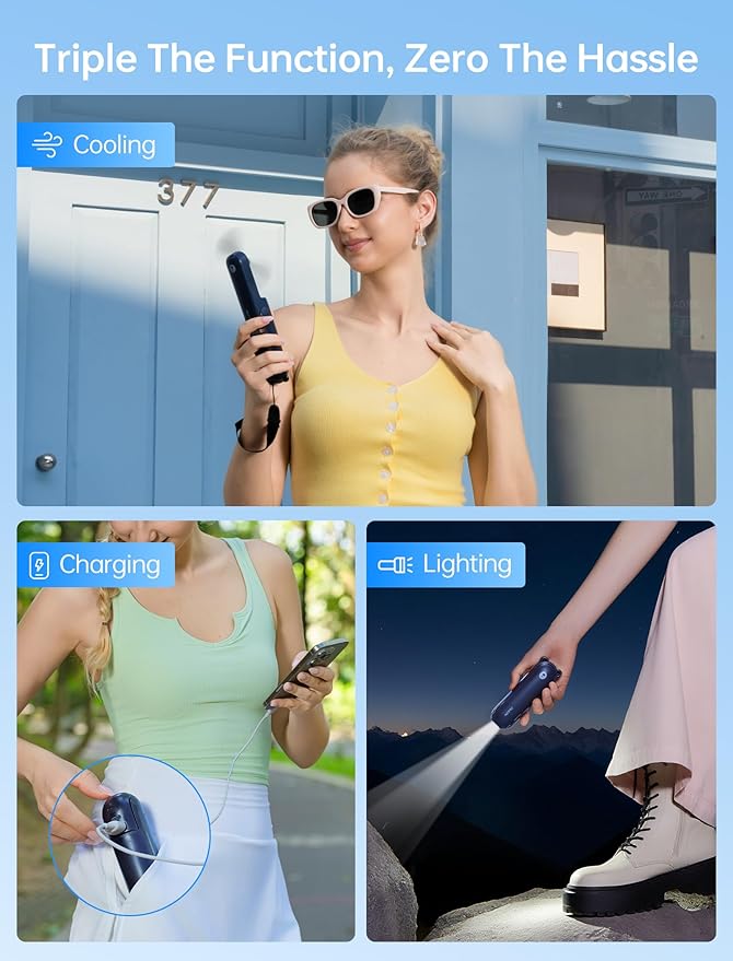 JISULIFE 3 IN 1 Handheld Mini Fan - Portable Fan & Power Bank & Flashlight, 19H Max Cooling, USB Rechargeable, Pocket-Sized for Travel, Cruise, Concerts, Makeup, 2026 Summer Gifts for Women(Blue)