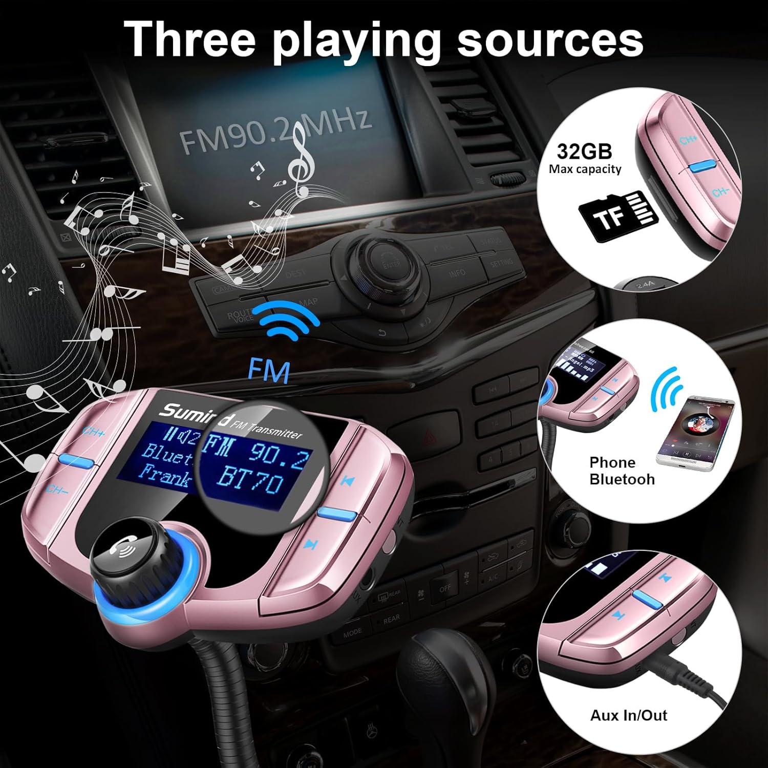 Upgraded Bluetooth FM Transmitter, Wireless Radio Adapter Hands Free Car Kit with 1.7'' Display, QC3.0 and Smart 2.4Amp Dual USB Ports, AUX Input/Output, TF Card Mp3 Player (PD, Rose Gold)