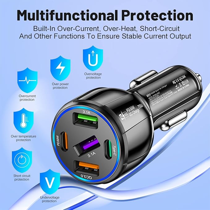 Upgraded Car Charger USB C with 5 Port,75W Cigarette Lighter Adapter with Type-C & QC 3.0 Ultra Fast Charging Port,Universal Car Charger Adapter for Navigator,Dash Cam (Black)