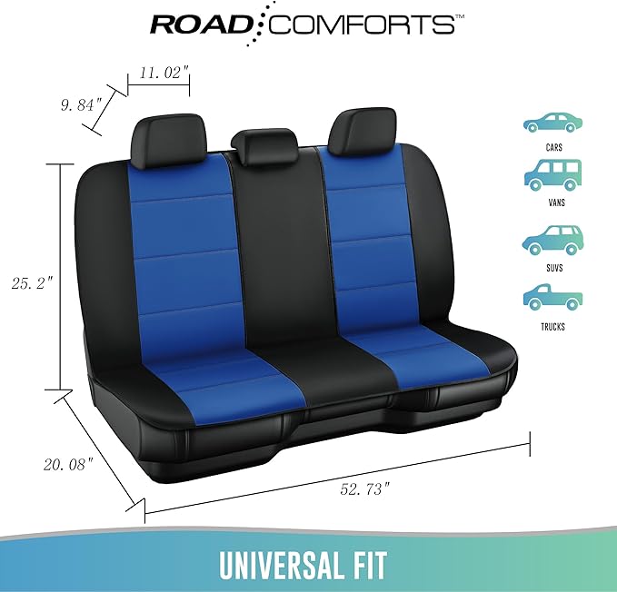 Road Comforts Car Seat Cover, Leather Car Seat Cover Full Set, Automotive Front Rear Seat Covers, Airbag Compatible Universal Fit for Most Cars (Blue)