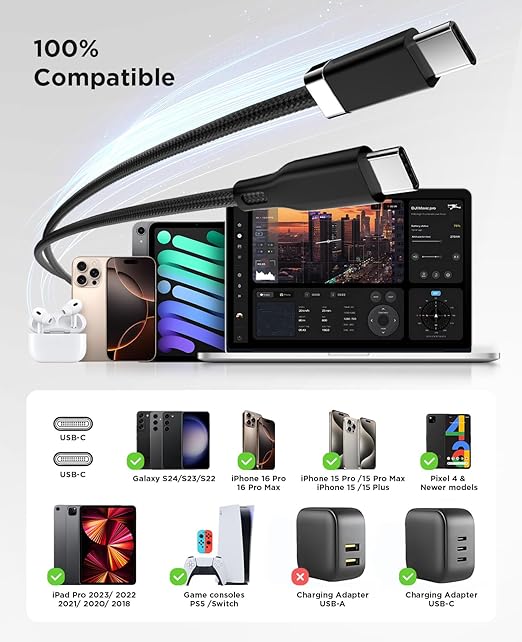 Magtame USB C to USB C Cable 5FT, StayCable with Built-in Magnetic Organizer for Nightstand, Desk and Car, 60W Fast Charging Cord with 2 Adhesive Metal Plates, Braid Type-C Cable for iPhone 17 16