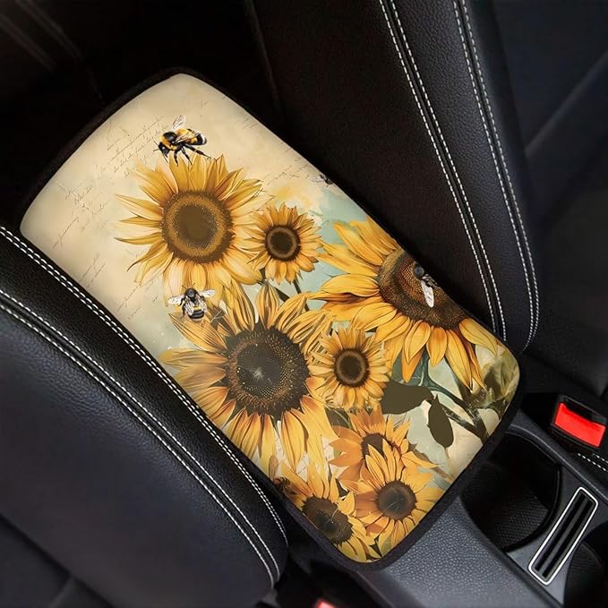JoyLamoria Sunflower Bee Auto Center Console Pad Cover Car Armrest Cushion Soft Handrail Box Protector Universal Fit