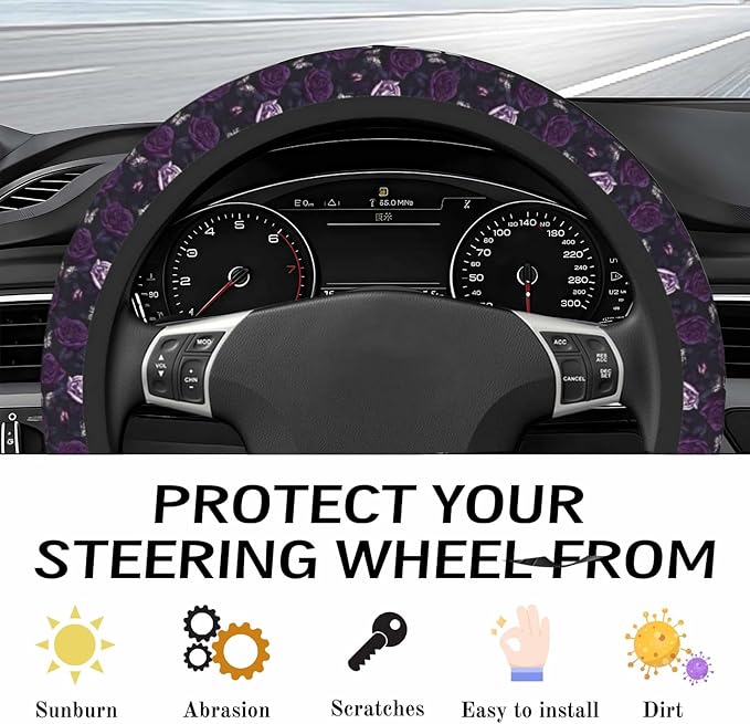 Steering Wheel Cover Accessories Neoprene Cover, Breathable Non-Slip Easy to Install Suitable for Women Men, 14.5-15.5 Inch for Car SUV Van Truck Universal - Purple Rose