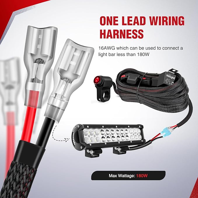 Nilight Wiring Harness Kit Nylon 16 AWG 1 Lead 12V Motorcycle Handlebar Switch On Off Power Relay Blade Fuse for LED Light Bar Off Road Lights on Motorcycles Bicycles ATV UTV