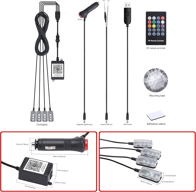 Car Ambient Lighting with Bluetooth App Control + RF Remote Control 64 Colors Multicoloured Music Interior Footwell Lighting Kit DC 12V 1W