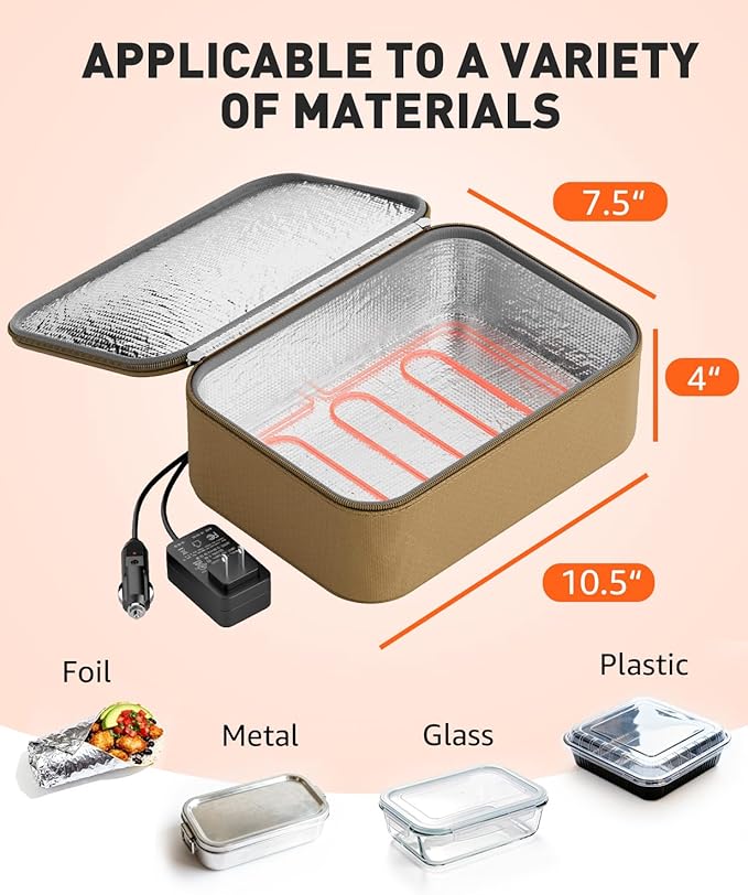 Portable Food Warmer - Heated Lunch Box for Adluts - Electric Thermal Lunch Bag with Buckle Handle, Heating Food Warmer Bags for 12V/24V Car & Truck, 110V/220V Home/Office, Khaki