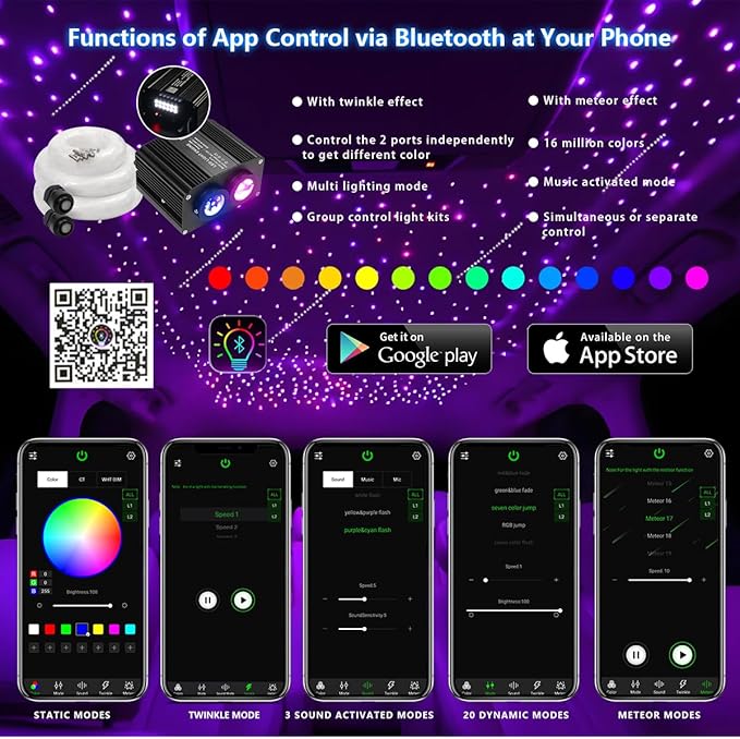 AKEPO Different Color 18W Twinkle+Shooting Star All-in-1 Fiber Optic Starlight Headliner Kits, 600pcs*0.03in*9.8ft+240pcs Meteor Fibers Car Home Remote/APP Music Activated Optic Fiber Star Lights