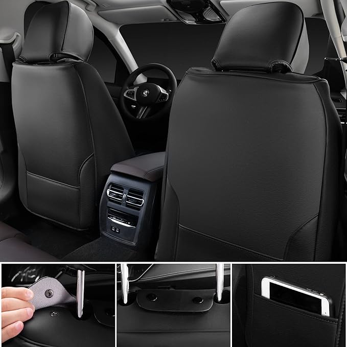 CAR PASS Nappa Leather Seat Covers, Waterproof Durable Universal fit for Women Girly SUV Truck,Anti-Slip Driver Seat Cover with Backrest, full set 5 Holographic Black Silver strips Iridescent colorful