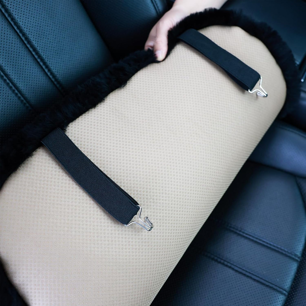 20 inchs Fluffy Genuine Australia Sheepskin Car Seat Cover for Auto Interior Accessories with Soft Fuzzy Wool Natural Fur Non-Slip (Black, Front)