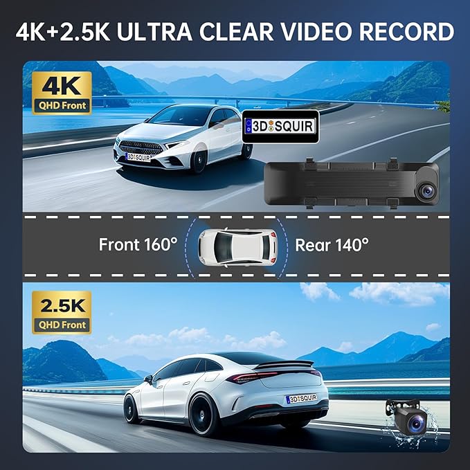 4K Rear View Mirror Camera, 12'' Mirror Dash Cam, 4K/2.5K Backup Camera for Car, WiFi/GPS Dash Cam Front and Rear with 32GB Card, APP, Voice Control, WDR Night Vision, Reverse Assist (Black)