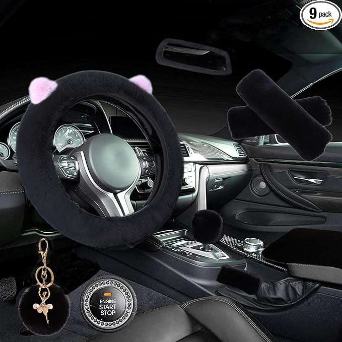 ZYNQACC 9 Pack Cute Bear Fluffy Car Accessories for Women Girls,Kawaii Fuzzy Steering Wheel Cover Universal 15 inch Plush Cute Ears (Black)