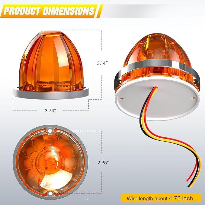 BJZ 2Pcs Amber Watermelon LED Strobe+Constant Marker Lights Dual Function Watermelon-shaped Side Marker Clearance Tail Top Cap Roof Lights for Trailer Truck Semi-trailer Heavy-duty Truck Bus Van