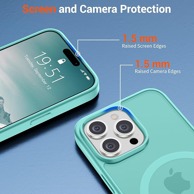 SUPFINE Magnetic for iPhone 15 Pro Max Case (Compatible with MagSafe) (Military Grade Drop Protection) Slim Translucent Matte Shockproof with Anti-Fingerprint Phone Case,Blue Green