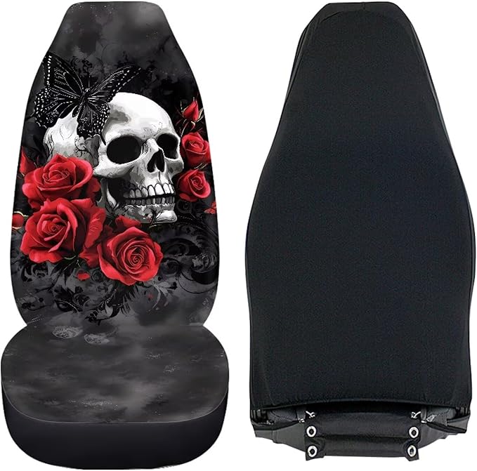 Skull Red Rose Car Seat Covers Set of 2 Breathable Front Seat Covers Stretch Polyester Fabric Cover Soft Front Seat Cover Universal Fit for Auto Truck Van SUV