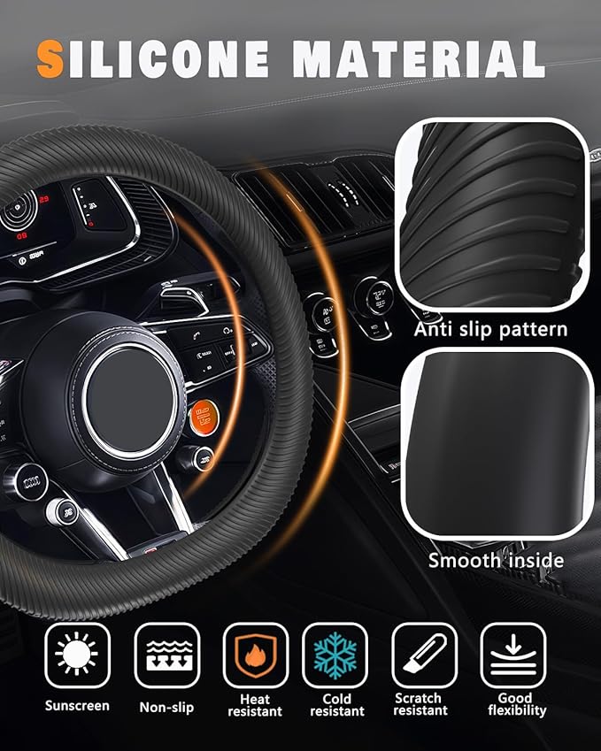 WOCOCN Car Steering Wheel Cover, Thin Anti-Skid Silicone Steering Wheel Cover for Men & Women, Universal Automotive Interior Accessories for Most Cars (Black)