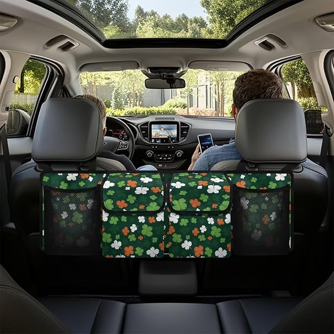 Lucky Leaf Car Trunk Organizers, St. Patrick's Day Backseat Hanging Organizer with 4 Large Storage Bag, Waterproof Car Organizer with Adjustable Strap, Road Trip Large Capacity Bag