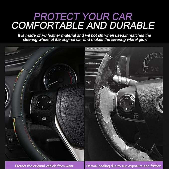 BELOMI Car Steering Wheel Cover, Anti Slip Leather Breathable Vehicle Protector, Comfortable Grip Automotive Interior Protective Guard Accessories, Universal for SUV, Sedan, Truck (Black/Multicolor)