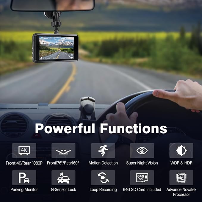 Miden S7 4K Dash Cam Front and Rear, 64G SD Card,2160P+1080P FHD Dual Dash Camera for Cars,176°+160° Wide Angle,3.2'' IPS Screen Dashcam,Loop Recording,G-Sensor,WDR,24H Parking Monitor,Night Vision