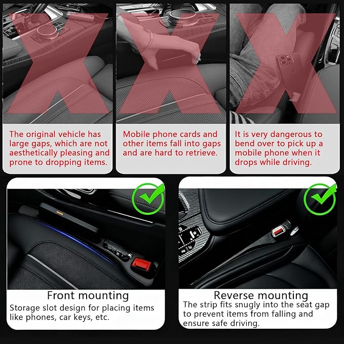 Car Seat Gap Filler Organizer of 2 - No Drop Seat Guard, Universal Car Seat Gap Filler, Durable Non-Slip Material, Easy 10-Second Install for Cars, Trucks & SUV (Black)