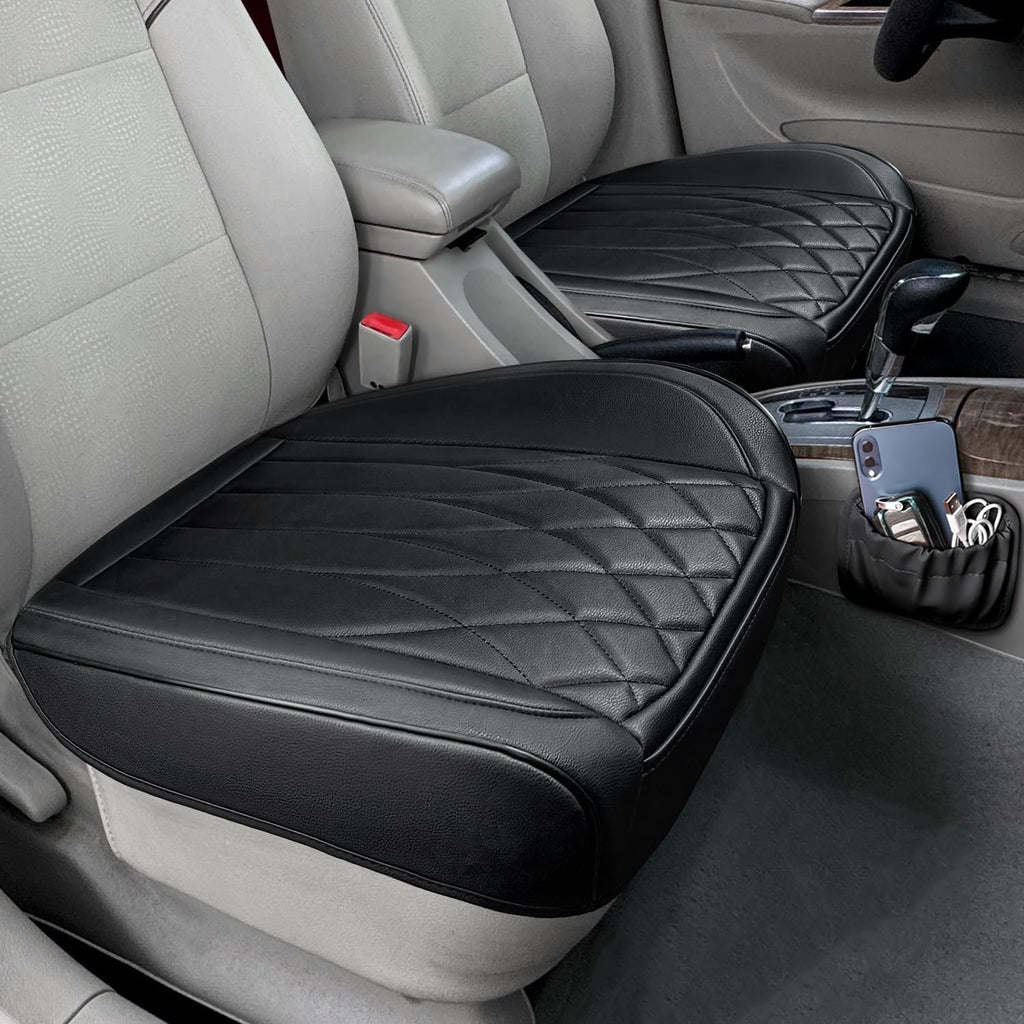 2 Pack Leather Front Car Seat Cover Bottom Car Seat, Universal Anti-Slip Driver Car Seat Protectors with Storage Pocket, Waterproof Bottom Auto Seat Cushion Pad Mat for Most Vehicles(Black)