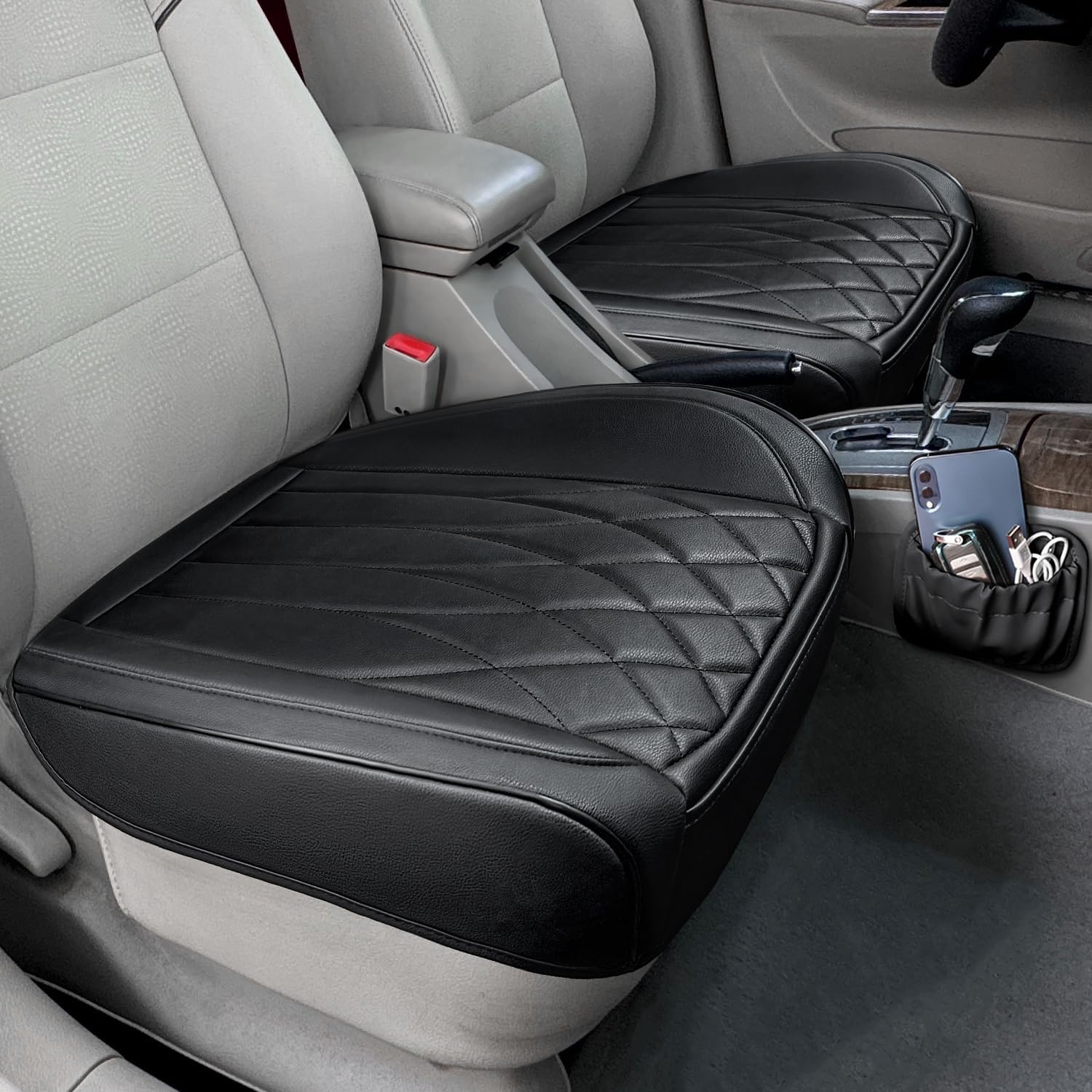2 Pack Leather Front Car Seat Cover Bottom Car Seat, Universal Anti-Slip Driver Car Seat Protectors with Storage Pocket, Waterproof Bottom Auto Seat Cushion Pad Mat for Most Vehicles(Black)