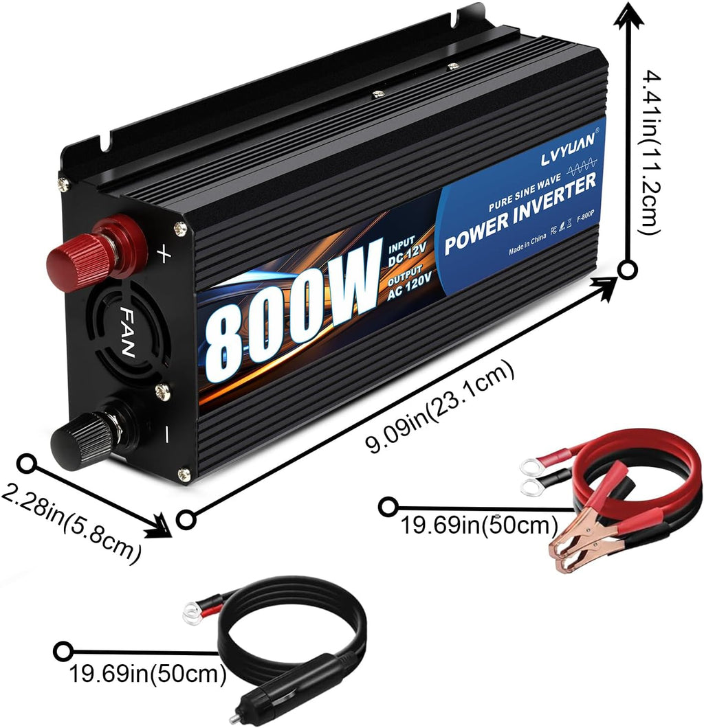 LVYUAN 800 Watt Pure Sine Wave Power Inverter 12V to 110V120V DC to AC Converter with Dual Sockets, Dual USB Ports, LED Display for Home Outdoor RV Car Power Inverter Power Adapter