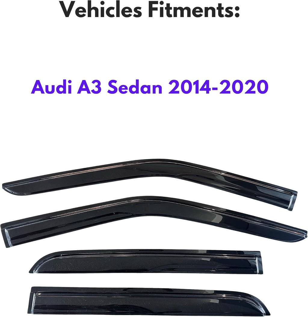 KPY Window Visor Compatible with Audi A3 Sedan 2014-2020, 4PC Rain Guard Side Window Vent Deflectors Tape-On Mugen Style, 2014 2015 2016 2017 2018 2019 2020