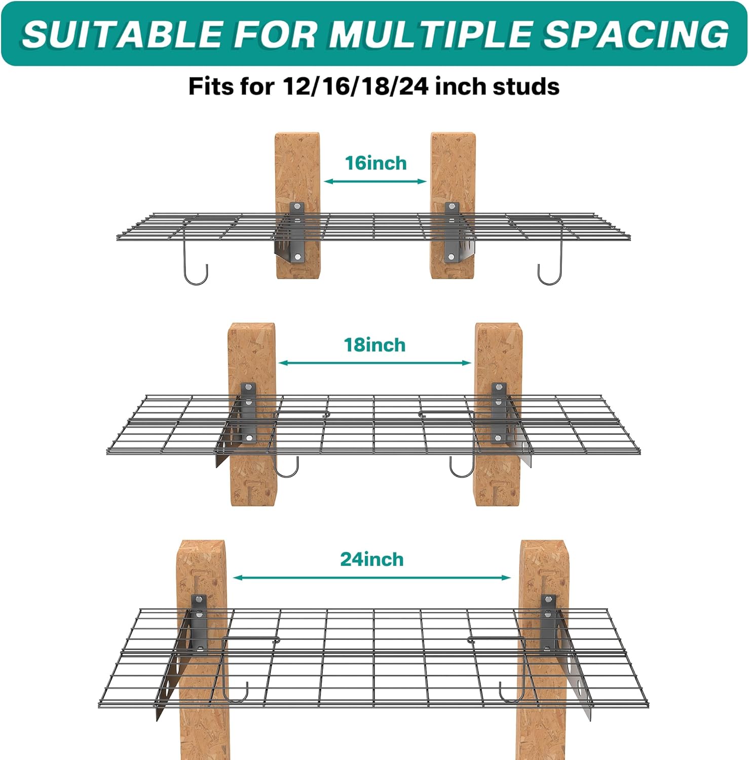 EVERHANGER Wall Mounted Garage Wall Shelves, 2 x 4 ft Metal Storage Shelves, Heavy Duty Wall Shelving with Hooks, Holds Up to 220 Lbs, Black