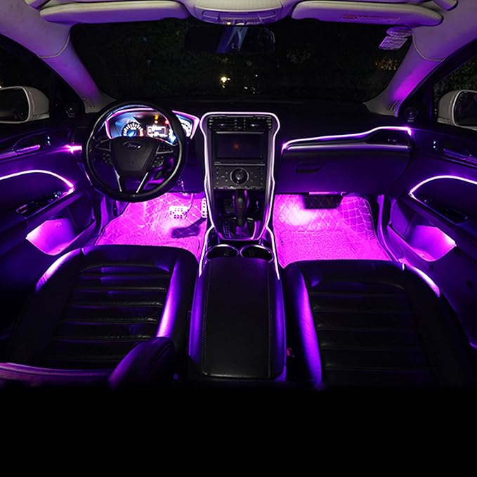 Car Interior Ambient Lighting Optic Fiber RGB 64 Colors Multicoloured Music Car Footwell Lighting Kit with Cigarette Lighter and App Microphone, DC 12V-24V 1W 3m