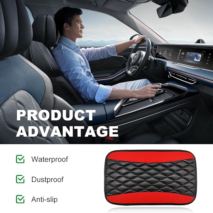 Car Center Console Cushion Pad, 12.6 × 7.48 Inches Waterproof Car Armrest Seat Box Cover, PU Leather Armrest Cover Protector for Most Vehicle, Universal Car Interior Accessories (Black+Red)