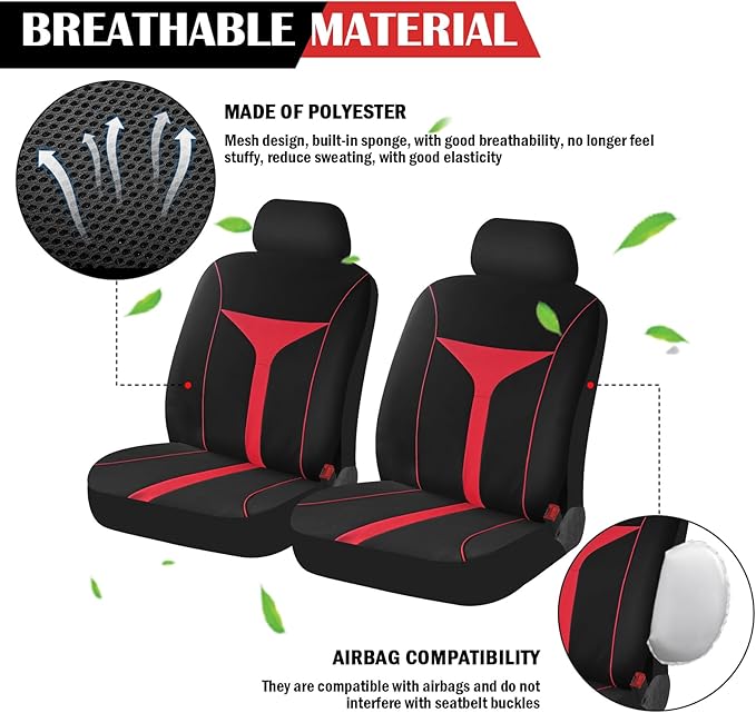 4PCS Car Seat Covers Full Set,Breathable Front Seat Covers for Cars for Reducing Back Sweating & Protection,Stylish Car Cover Seats with Reddish Line Cars Interior Accessories (Red)