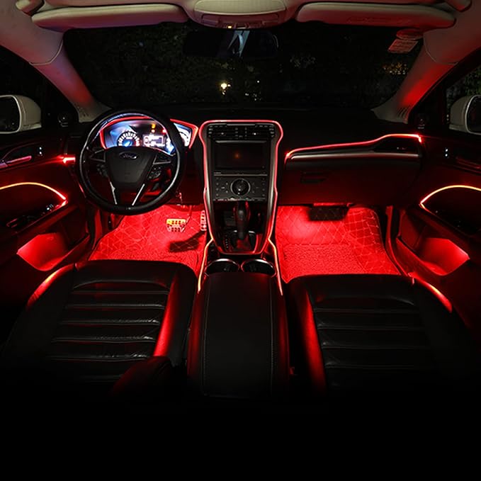 Car Interior Ambient Lighting Optic Fiber RGB 64 Colors Multicoloured Music Car Footwell Lighting Kit with Cigarette Lighter and App Microphone, 12-24V 5m