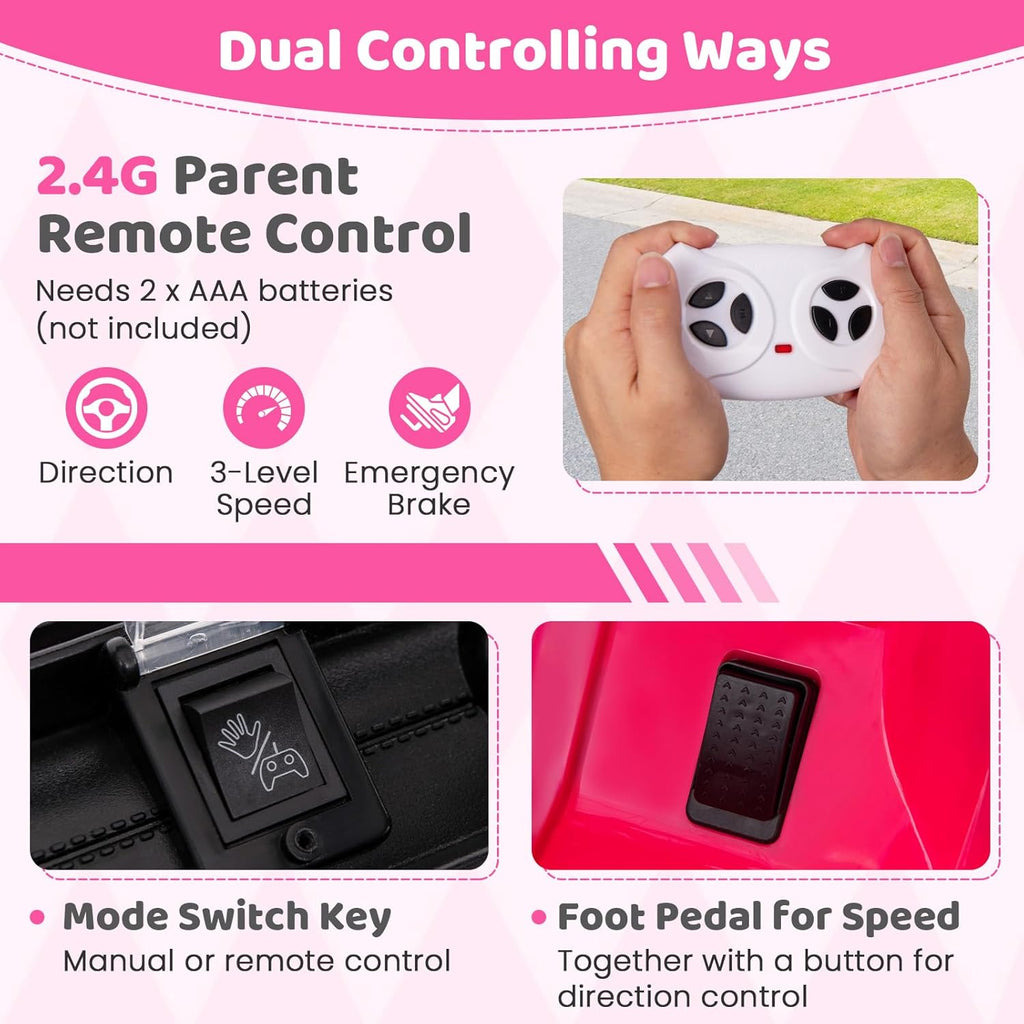 Costzon Kids Ride on Truck, 12V Electric Ride on Car with Remote Control, 3 Speed & Spring Suspension, Wireless Connection, USB, Music, Light, Kids Ride on Toys for Boys Girls (Pink)