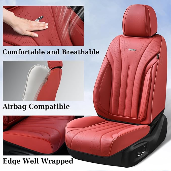 Coverado Seat Covers Full Set, Red Seat Covers for Cars, Front and Rear Seat Covers Waterproof Seat Cover, Leather Car Seat Protector, Universal Car Seat Cushion Fit for Most Sedan, SUV, Truck, Red