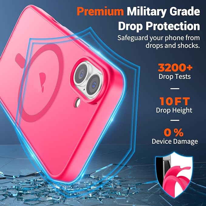 SUPFINE Magnetic for iPhone 16 Plus Case(Compatible with MagSafe) (Military Grade Drop Protection) Slim Translucent Matte Shockproof with Anti-Fingerprint Phone Case,Hot Pink