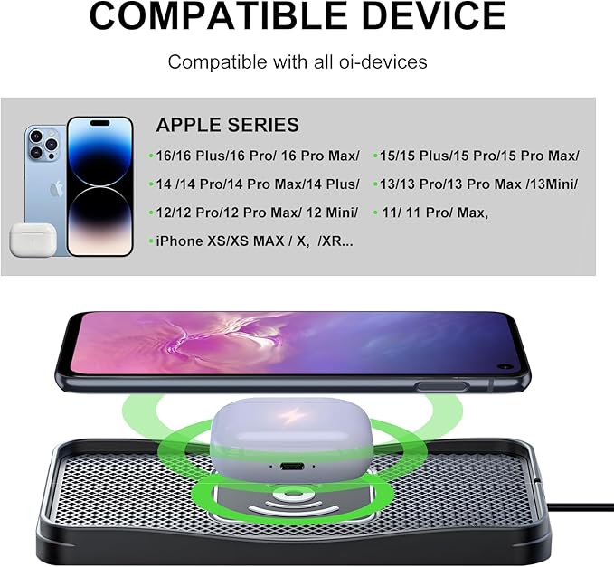 Car Wireless Charger Pad, 15W Fast Wireless Car Charger, Non-Slip Wireless Phone Charger Car Compatible with iPhone 17/16/15/14/13/12, Samsung and LG, Android Phones