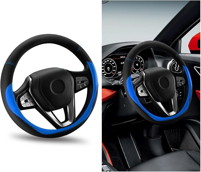 Car Steering Wheel Cover, Universal 15" Anti-Slip Auto Steering Wheel Protector for Men Women, Breathable Odor Free Leather Steering Wheel Car Accessories Fit Most Vehicles (Blue)