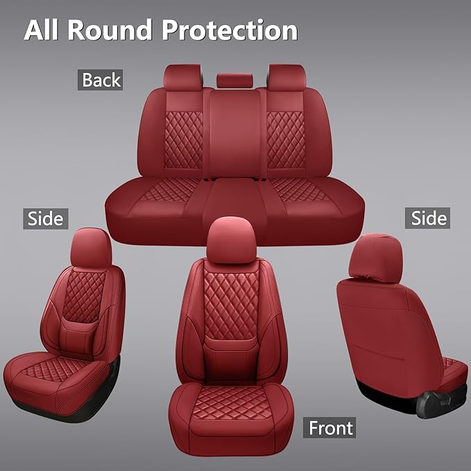 Car Seat Covers Full Set,Universal Fit for Cars,SUVs,Trucks,and Sedans with 5 Seats,Faux Leather Car Seat Cushion Compatible with Airbags,Waterproof Car Seat Protector,Wine Red