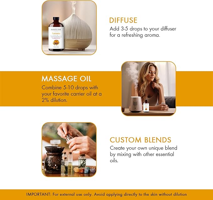 Majestic Pure Essential Oil with Glass Dropper - 100% Pure and Natural - Essential Oils for Diffuser, Aromatherapy, Soap and Candle Making, Turmeric Essential Oil, Turmeric Oil, 4 Fl Oz