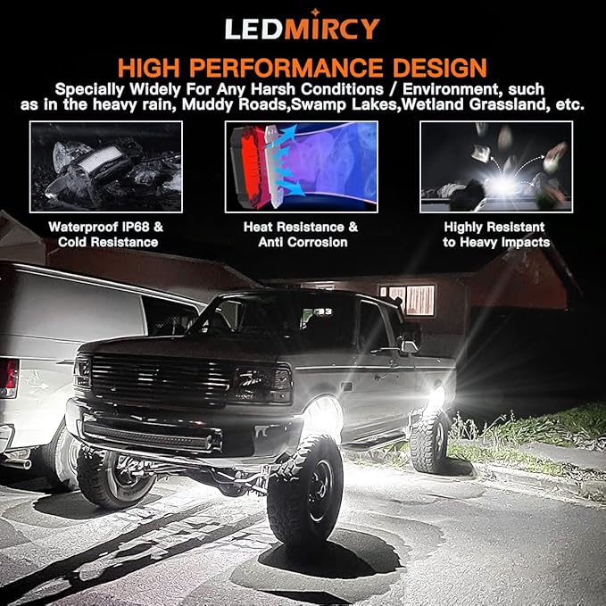 LEDMIRCY Pure White Rock Lights Kit with Switch Wire Harness 12PCS LED Rock Lights White for Off Road Trucks ATV UTV SUV RZR Underglow Trail Rig Light High Power Under Body Waterproof Shockproof